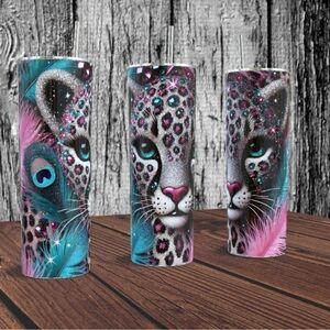 Leopard Print 20 oz Stainless Steel Skinny Tumbler with Pink and Blue Accents